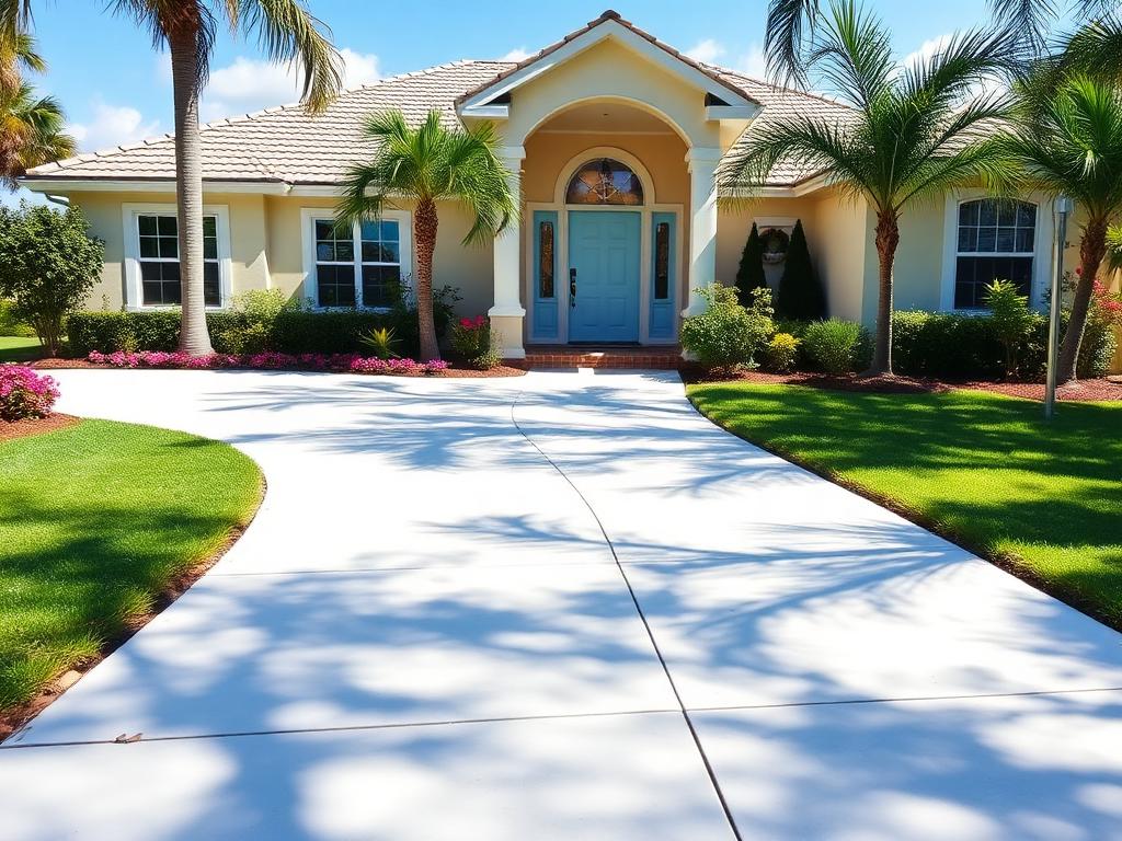 Clean concrete driveway after pressure washing at a single-story Broward home