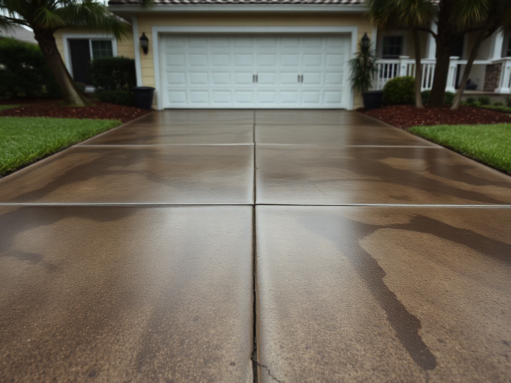 Before pressure washing: concrete driveway with dark mildew stains and streaks in front of a Fort Lauderdale home