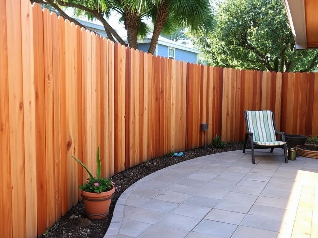 After pressure washing: the same wood fence showing warm natural grain with a clean patio surface