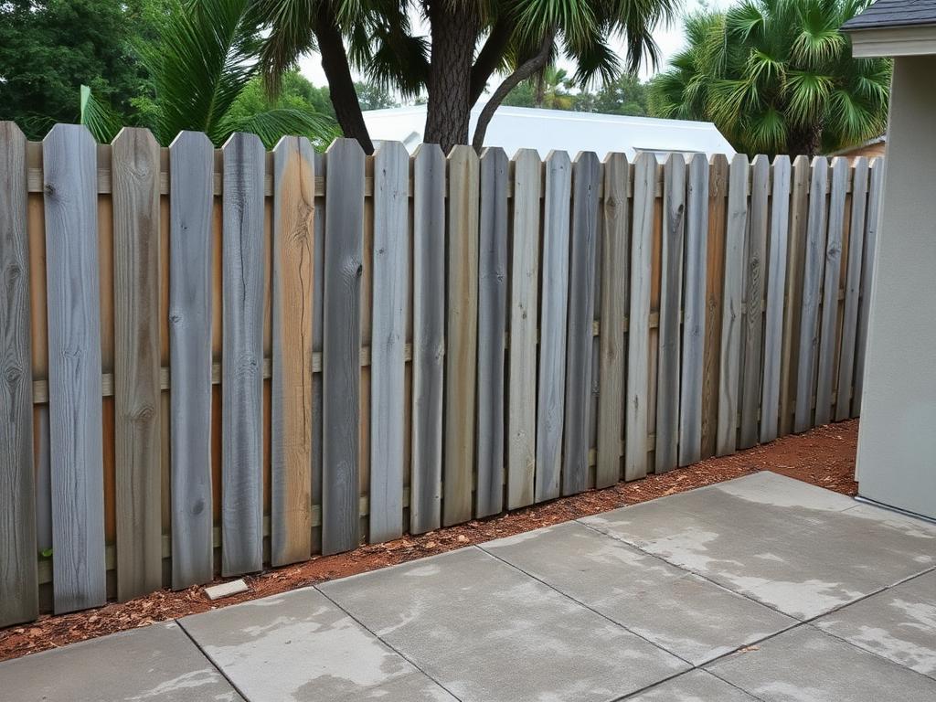 Before pressure washing: weathered gray wood fence and stained concrete patio in a Pompano Beach backyard
