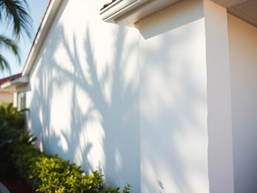 After soft washing: the same stucco wall clean and white with palm shadows across the surface