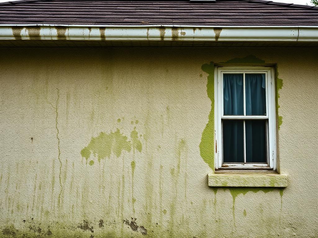 Before soft washing: stucco house wall in Hollywood covered with green algae growth and dirt streaks