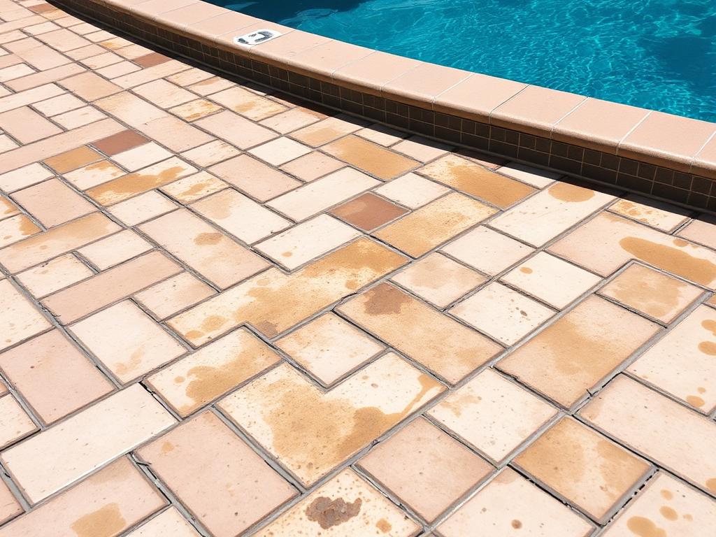Before cleaning: paver pool deck with rust-colored stains and mildew next to a backyard swimming pool in Davie