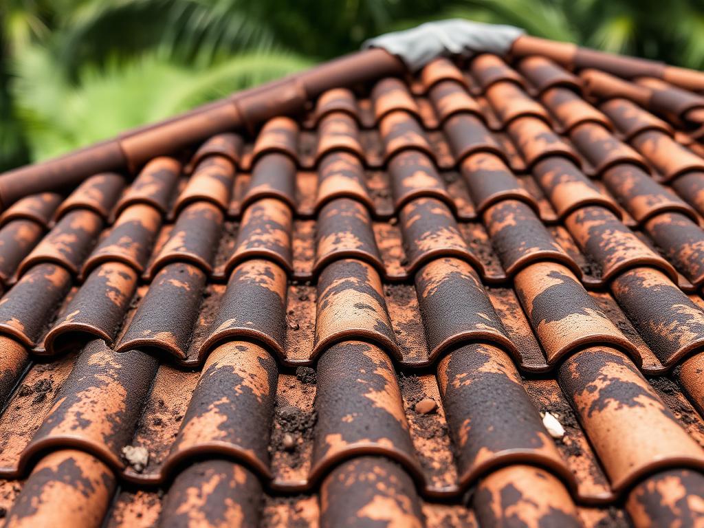 Before soft washing: terracotta barrel tile roof covered in black algae streaks on a Pembroke Pines house